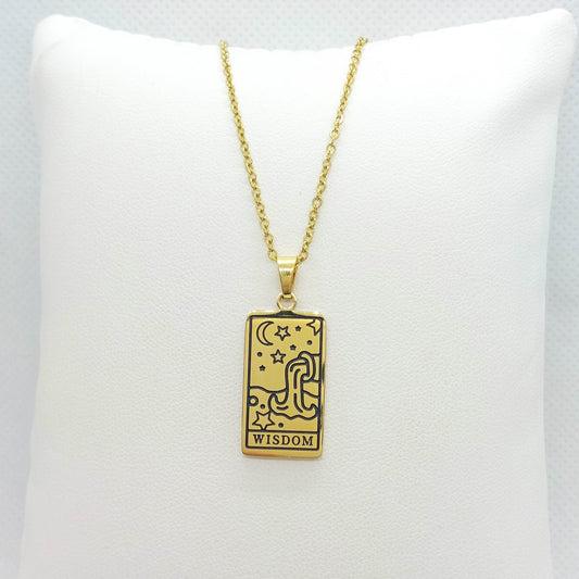 Wisdom Tarot Card Pendant Necklace in Stainless Steel Gold Plated