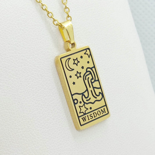 Wisdom Tarot Card Pendant Necklace in Stainless Steel Gold Plated