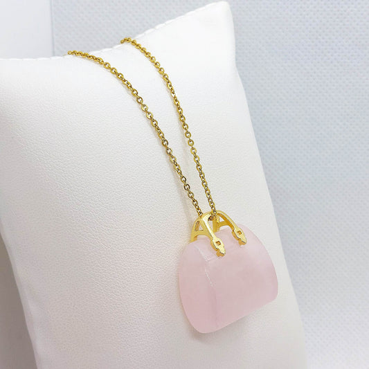 Natural Rose Quartz Handbag Pendant - Stainless Steel Gold Plated Chain Necklace