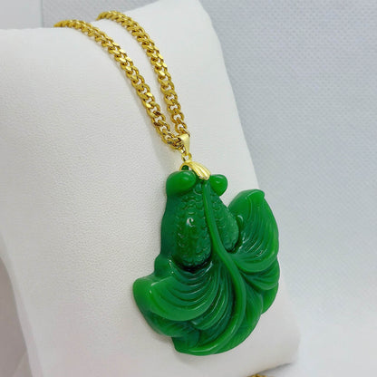Natural Hetian Jade Lucky Fish Pendant with Stainless Steel Chain Necklace