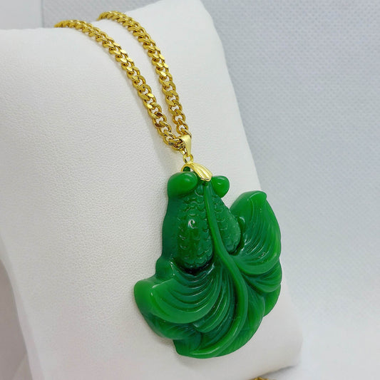 Natural Hetian Jade Lucky Fish Pendant with Stainless Steel Chain Necklace
