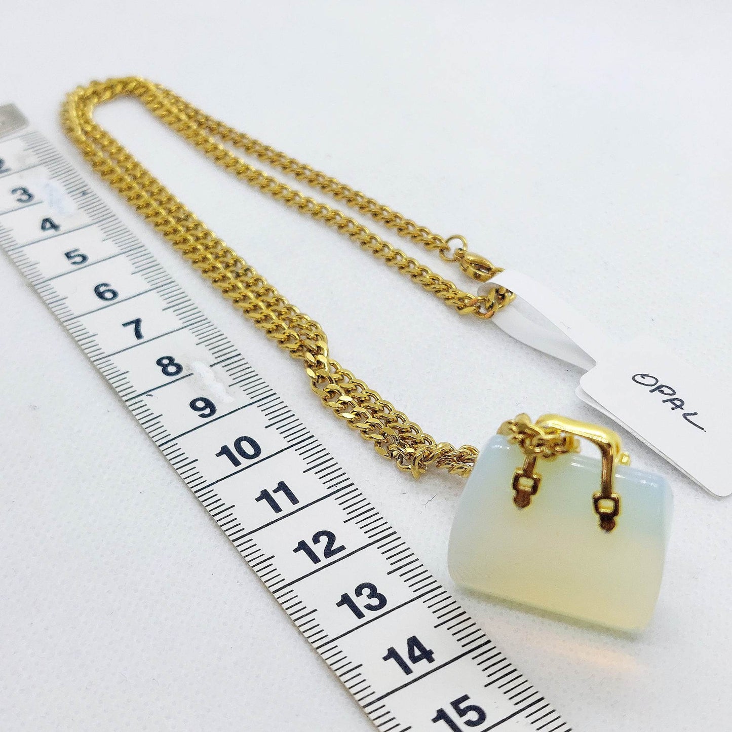 Natural Opal Handbag Pendant - Stainless Steel Gold Plated Chain Necklace