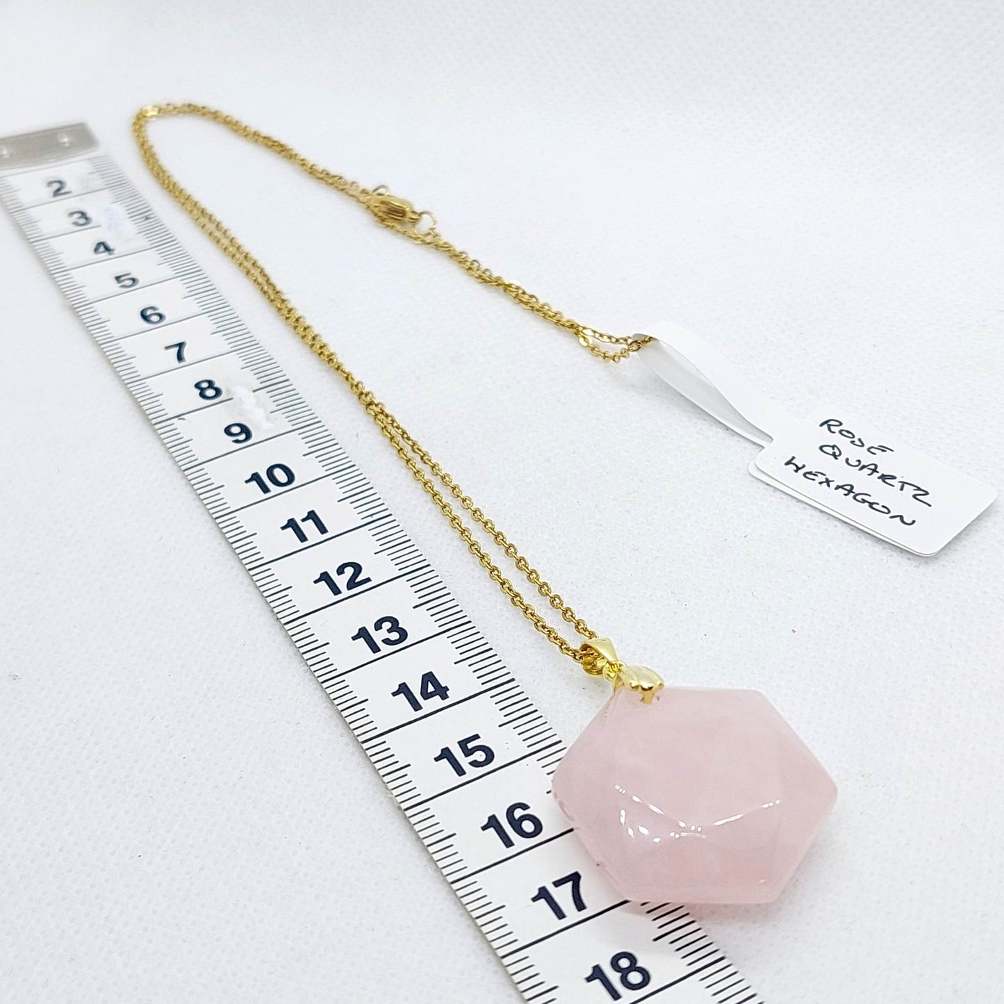 Natural Rose Quartz Hexagon Pendant - Stainless Steel Gold Plated Chain Necklace