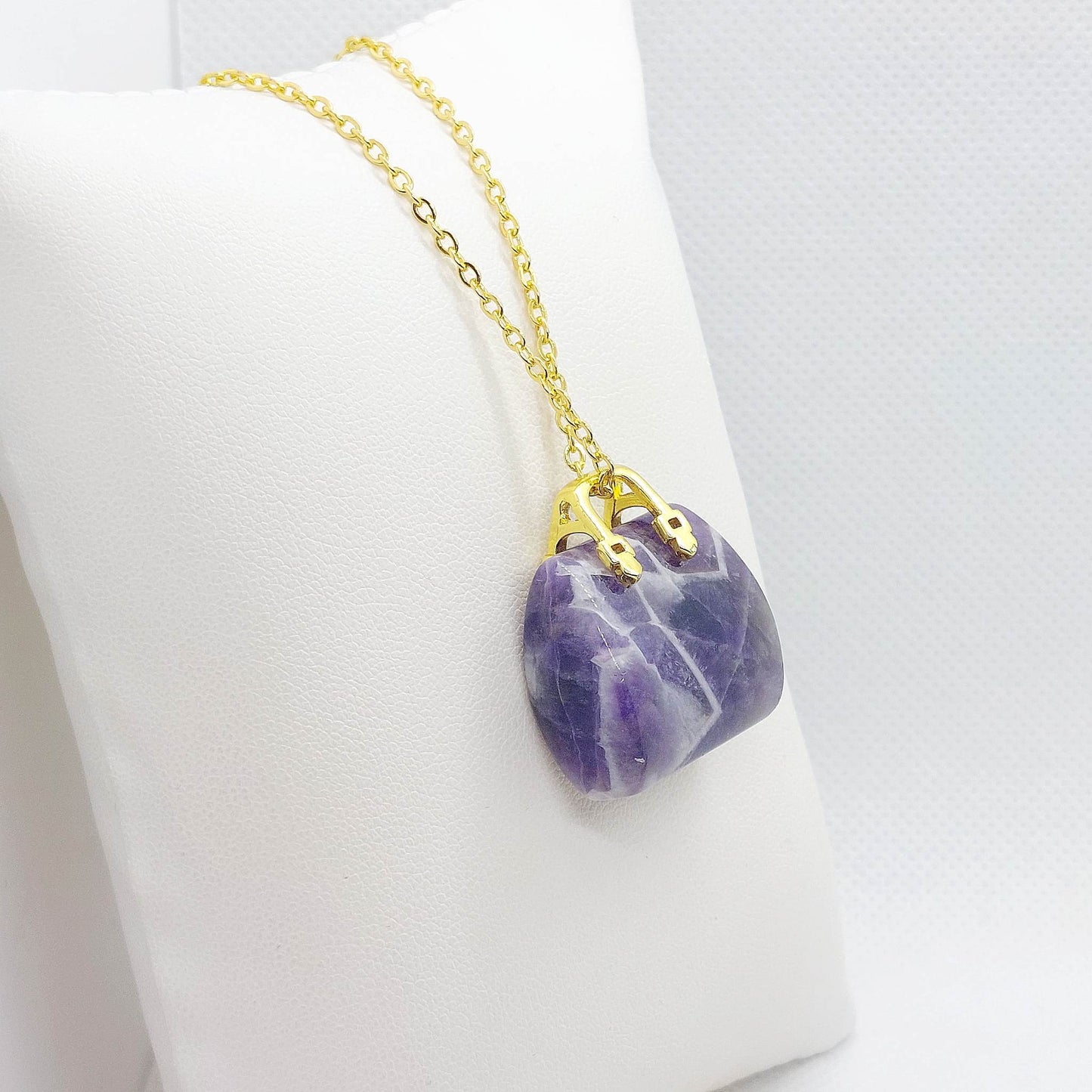 Natural Amethyst Handbag Pendant - Stainless Steel Gold Plated Chain Necklace