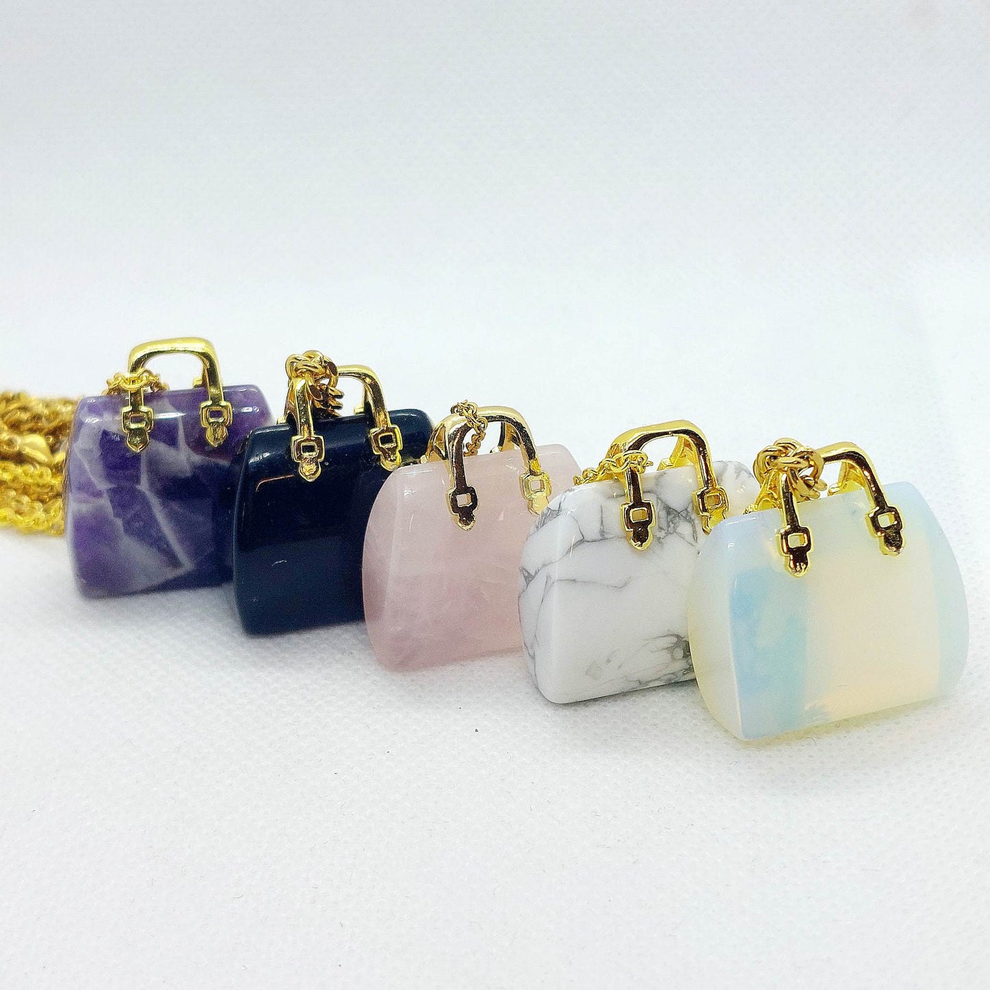 Natural Rose Quartz Handbag Pendant - Stainless Steel Gold Plated Chain Necklace