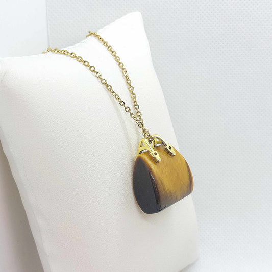 Natural Tiger Eye Handbag Pendant - Stainless Steel Gold Plated Chain Necklace