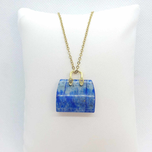 Natural Lapis Handbag Pendant - Stainless Steel Gold Plated Chain Necklace