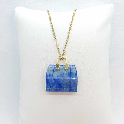 Natural Lapis Handbag Pendant - Stainless Steel Gold Plated Chain Necklace