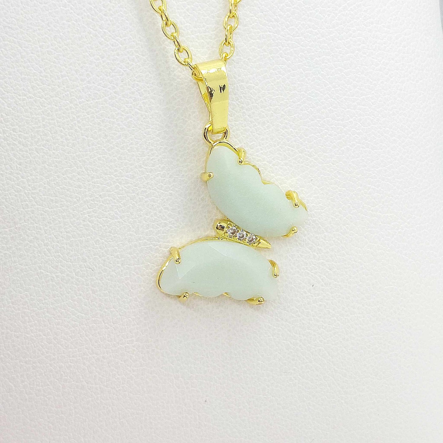 Natural Amazonite Butterfly Pendant with Stainless Steel Chain Necklace