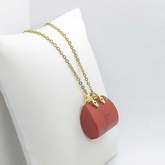 Natural Red Jasper Handbag Pendant - Stainless Steel Gold Plated Chain Necklace