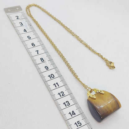 Natural Tiger Eye Handbag Pendant - Stainless Steel Gold Plated Chain Necklace