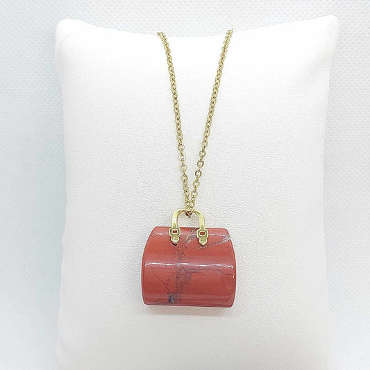 Natural Red Jasper Handbag Pendant - Stainless Steel Gold Plated Chain Necklace