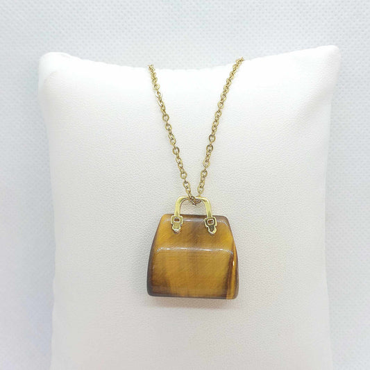 Natural Tiger Eye Handbag Pendant - Stainless Steel Gold Plated Chain Necklace