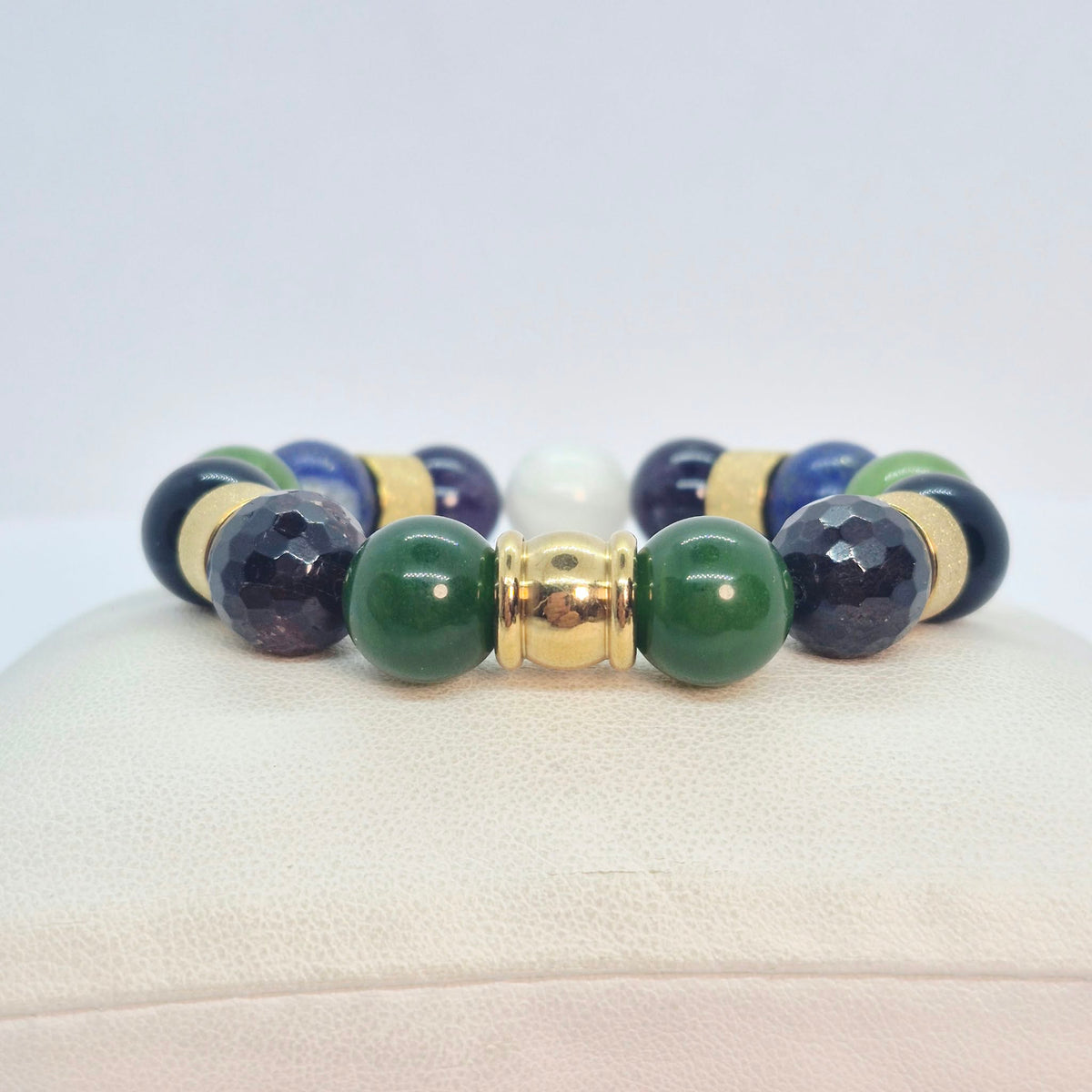 Mixed Natural 12mm Stone Bracelet with Obsidian, Onyx, Lapis, Tourmaline, Hetian and Burmese Jade