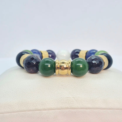 Mixed Natural 12mm Stone Bracelet with Obsidian, Onyx, Lapis, Tourmaline, Hetian and Burmese Jade