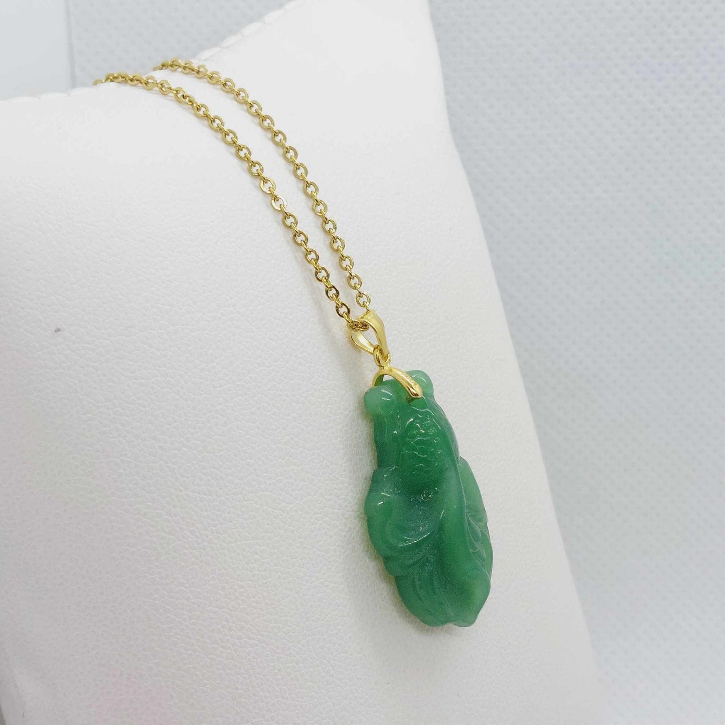 Natural Hetian Jade Fish Pendant - Stainless Steel Gold Plated Chain Necklace