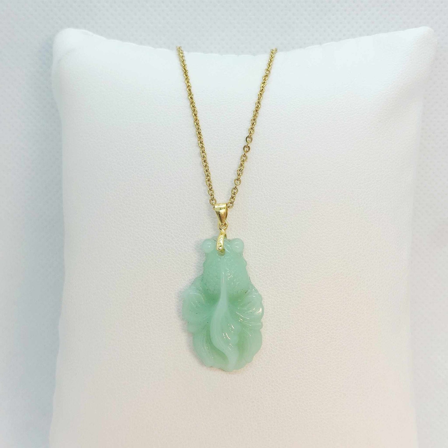 Natural Hetian Jade Fish Pendant - Stainless Steel Gold Plated Chain Necklace