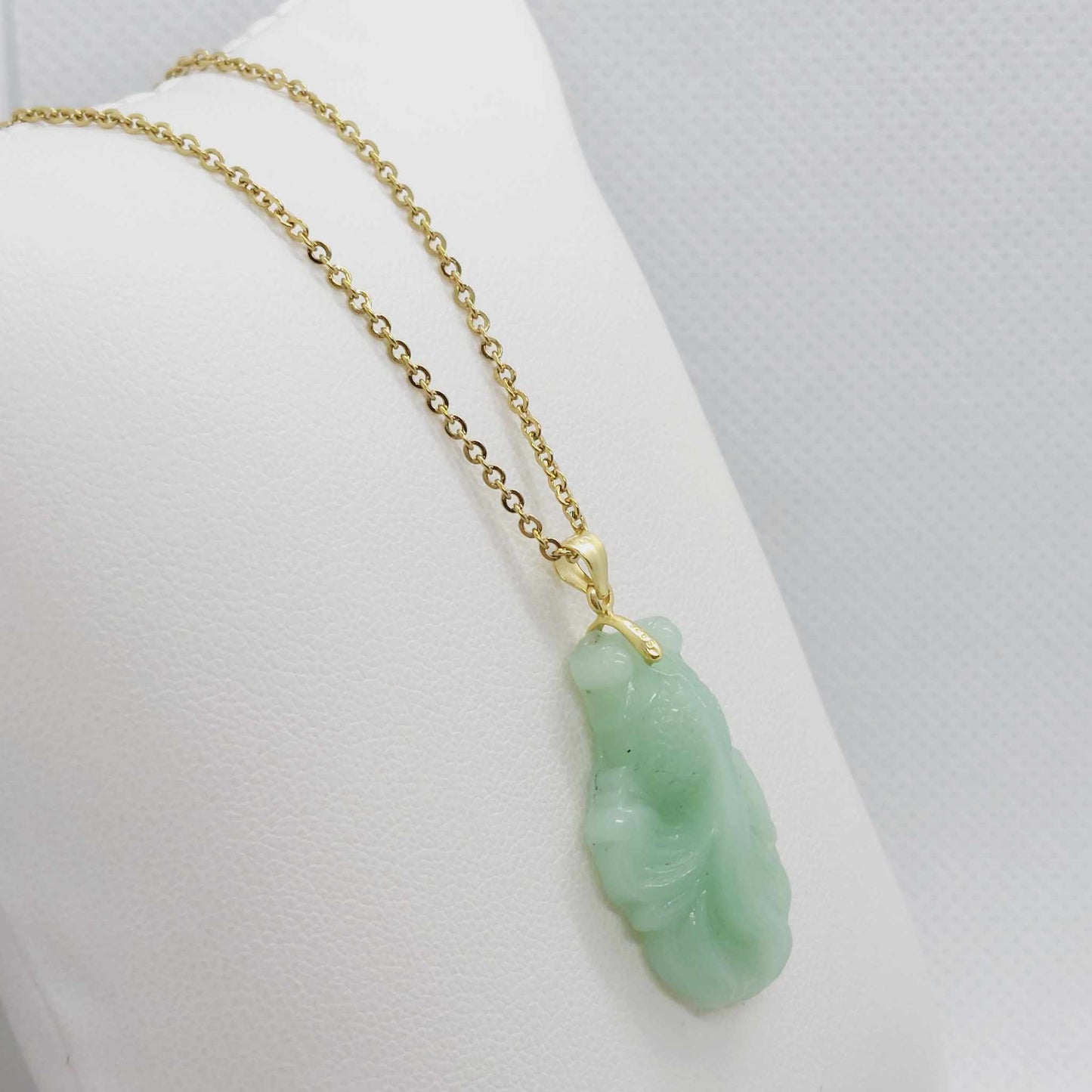 Natural Hetian Jade Fish Pendant - Stainless Steel Gold Plated Chain Necklace