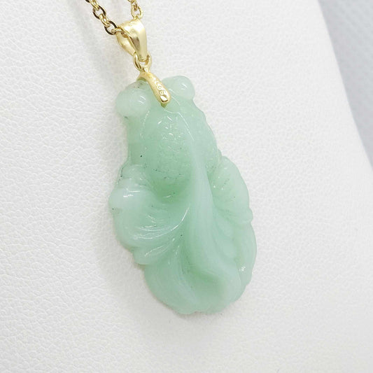 Natural Hetian Jade Fish Pendant - Stainless Steel Gold Plated Chain Necklace