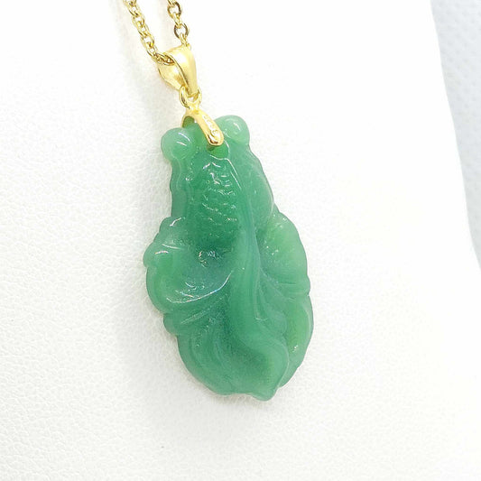 Natural Hetian Jade Fish Pendant - Stainless Steel Gold Plated Chain Necklace