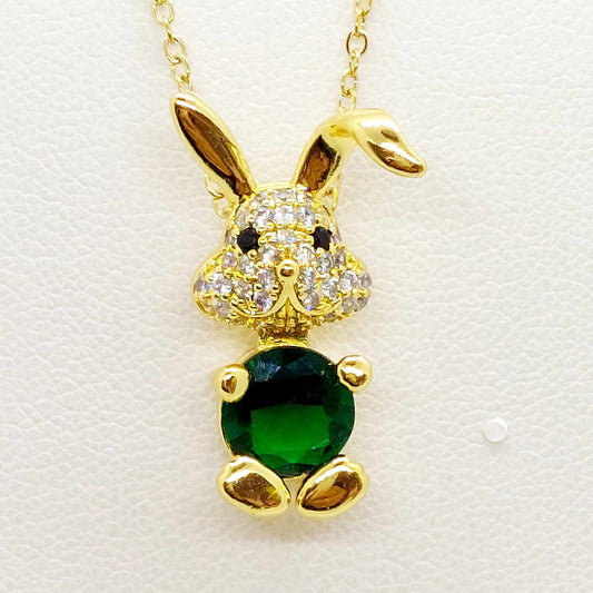 Bunny Rabbit Pendant Necklace with Green Zircon in Stainless Steel Gold Plated