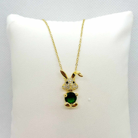 Bunny Rabbit Pendant Necklace with Green Zircon in Stainless Steel Gold Plated
