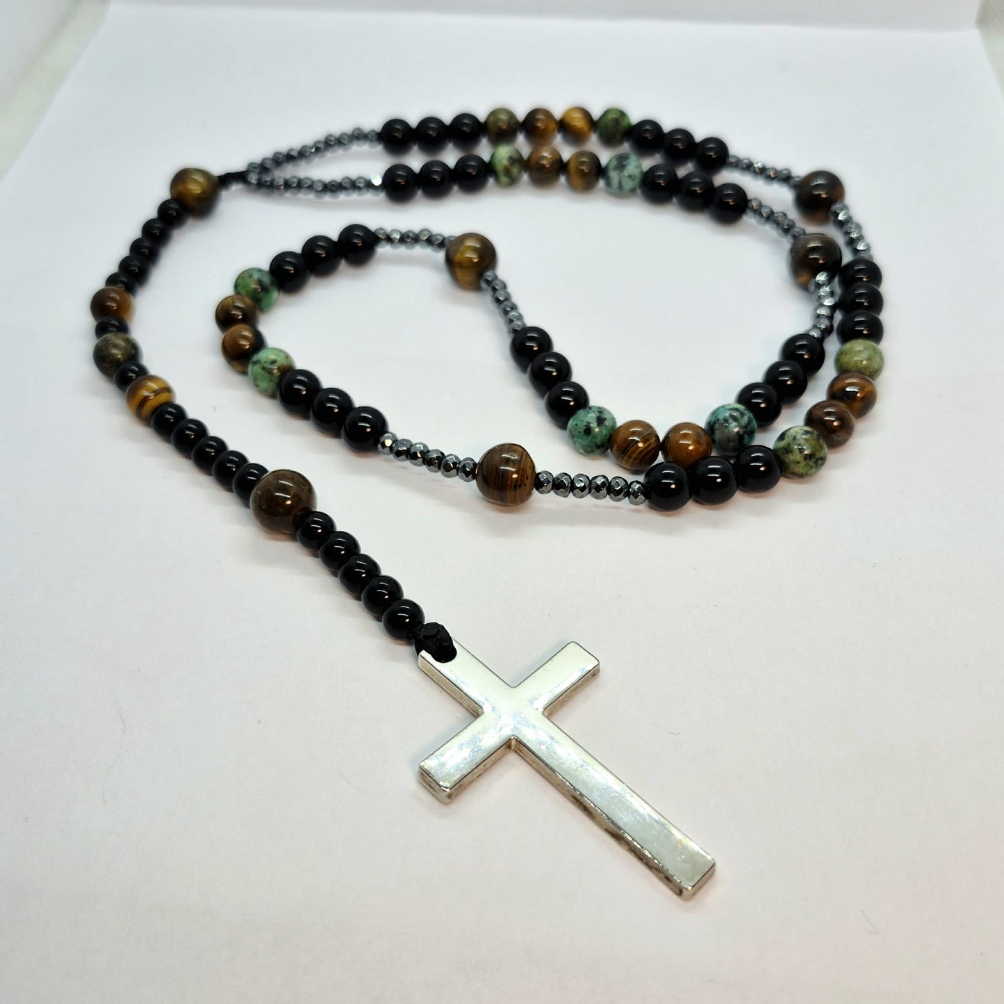 Natural Indian Agate and Obsidian Rosary with Hematite and Titanium