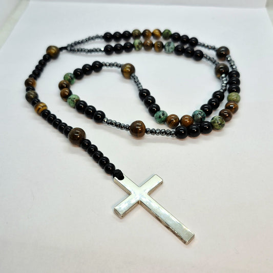 Natural Indian Agate and Obsidian Rosary with Hematite and Titanium