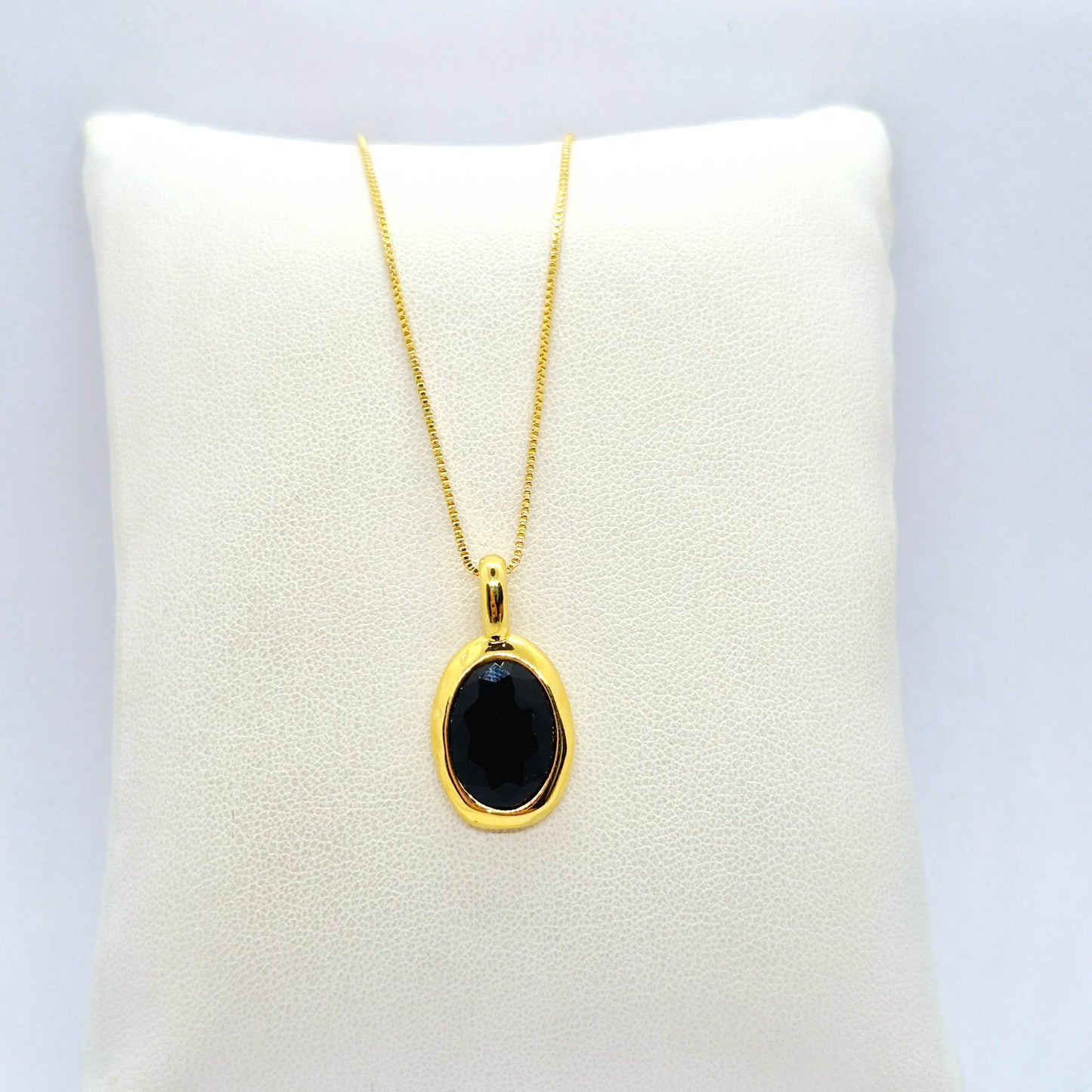 Natural Black Agate Pendant Necklace in Gold Platted Sterling Silver