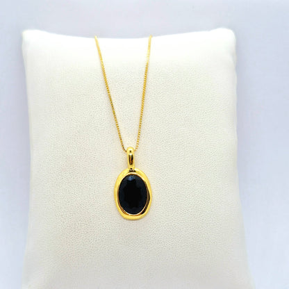 Natural Black Agate Pendant Necklace in Gold Platted Sterling Silver