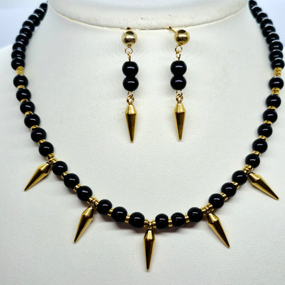 Natural Obsidian Choker Necklace and Earrings Set in Gold Platted Stainless Steel