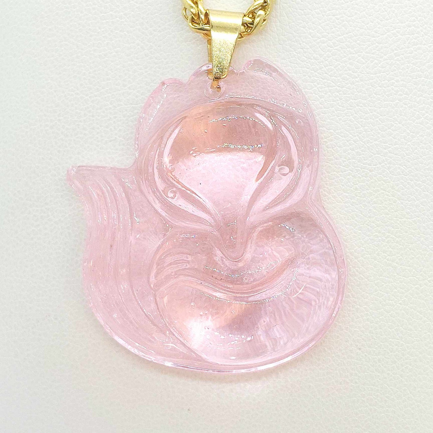 Natural Pink Chalcedony Nine Tailed Fox Pendant with Stainless Steel Chain Necklace