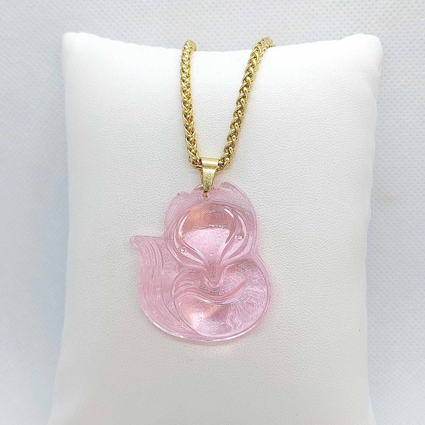 Natural Pink Chalcedony Nine Tailed Fox Pendant with Stainless Steel Chain Necklace
