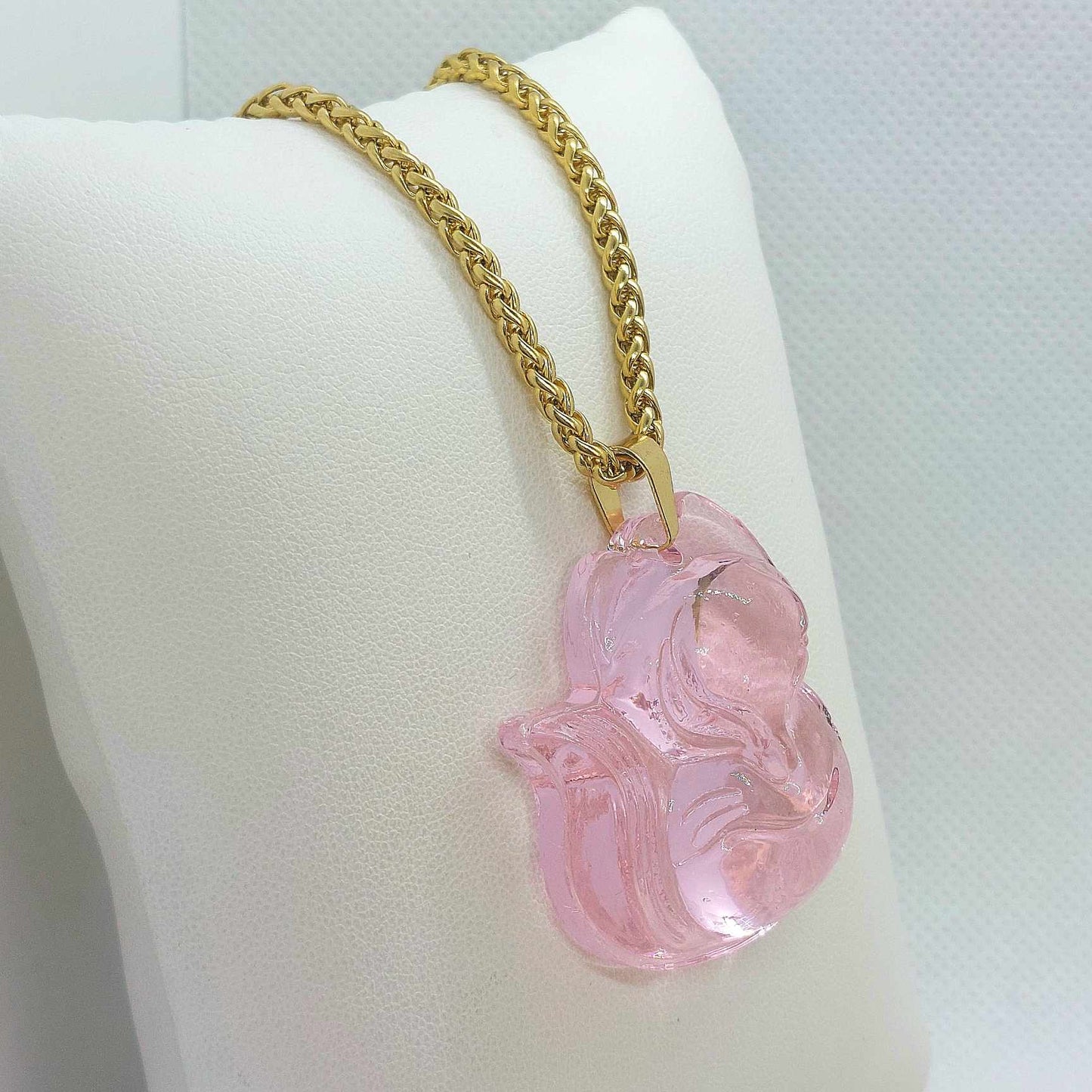 Natural Pink Chalcedony Nine Tailed Fox Pendant with Stainless Steel Chain Necklace