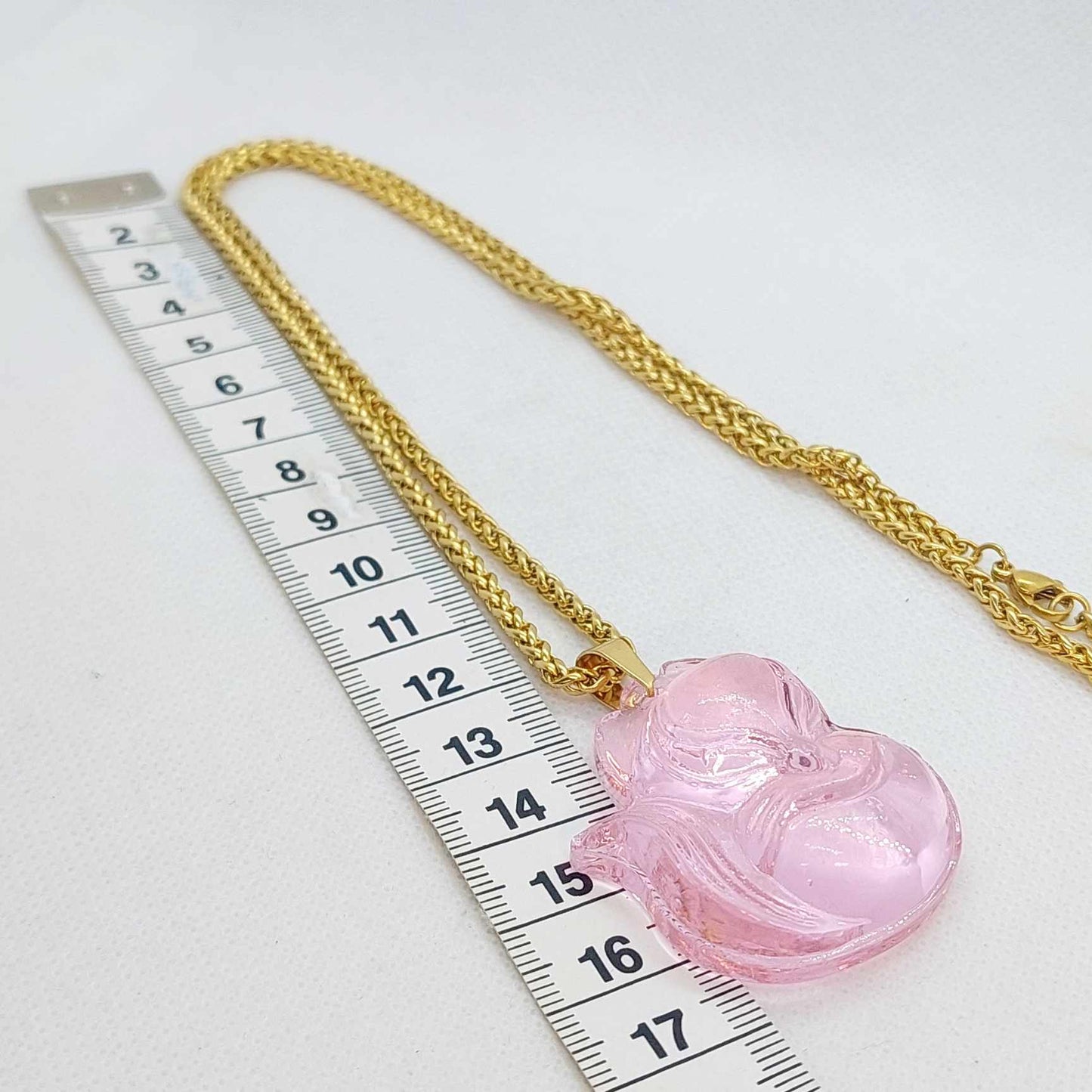 Natural Pink Chalcedony Nine Tailed Fox Pendant with Stainless Steel Chain Necklace