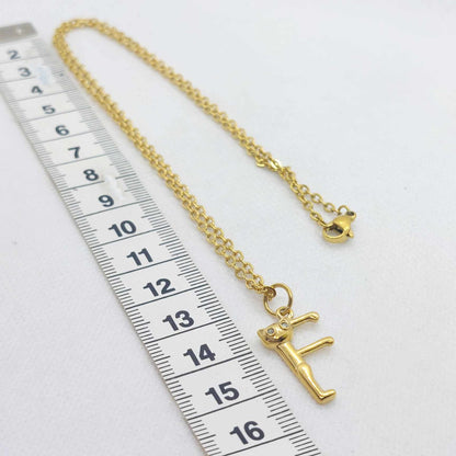 Initial F with Cute Cat Pendant with Stainless Steel Chain Necklace
