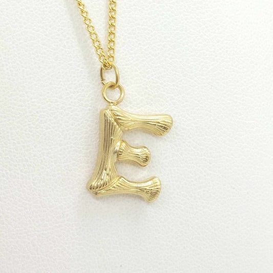 Initial E in Wood Design Pendant with Stainless Steel Chain Necklace