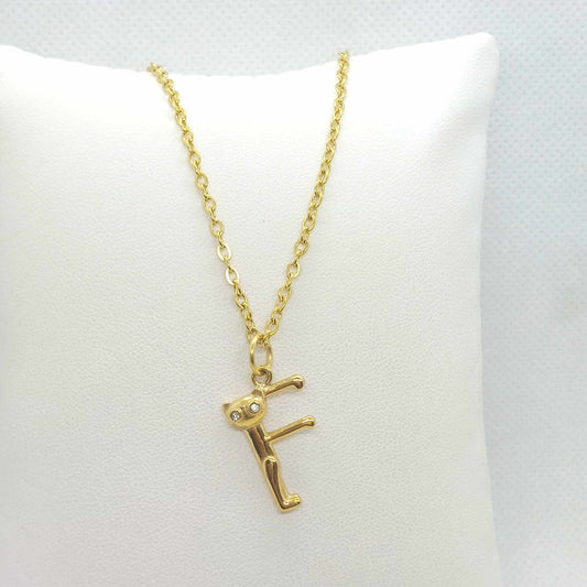 Initial F with Cute Cat Pendant with Stainless Steel Chain Necklace