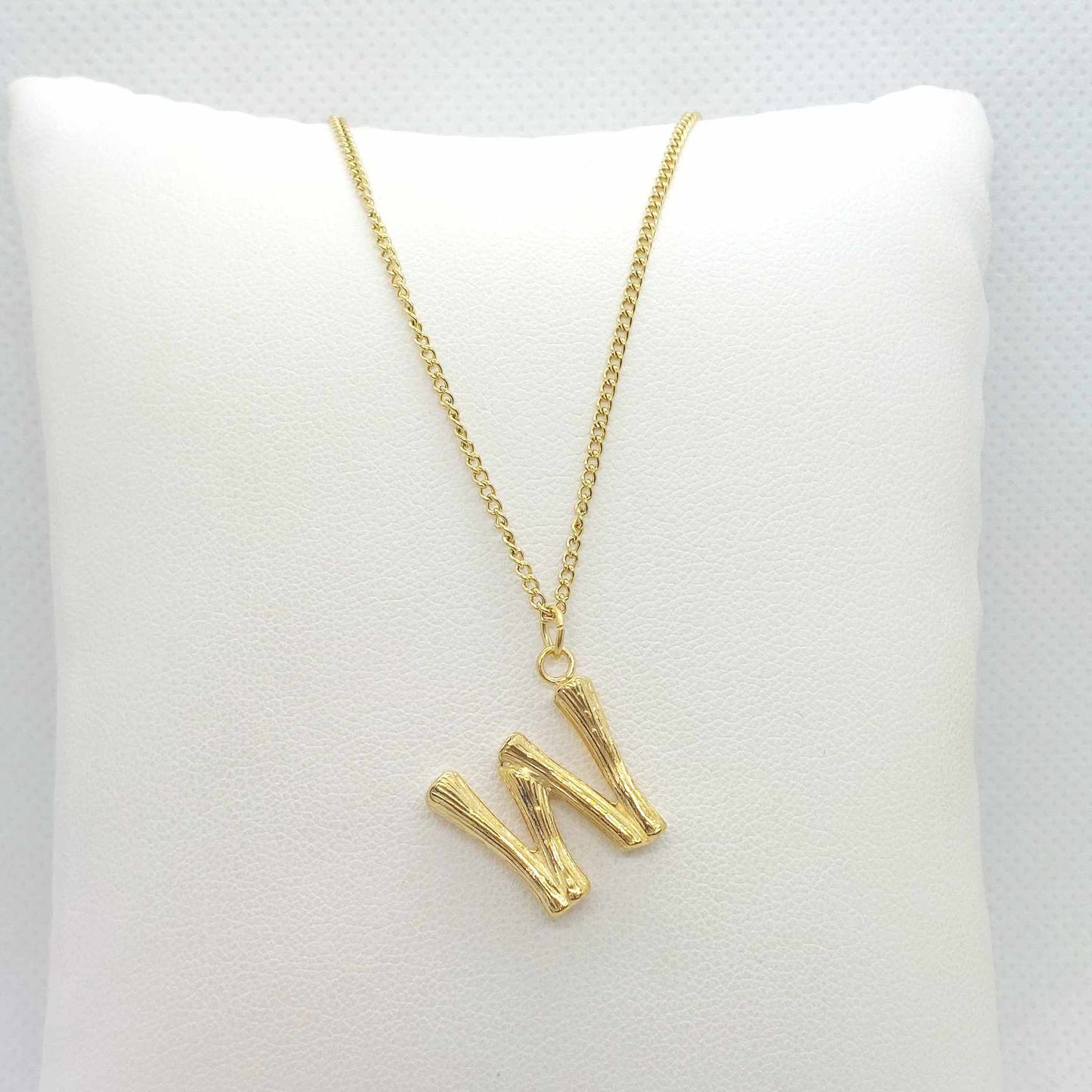 Initial W in Wood Design Pendant with Stainless Steel Chain Necklace