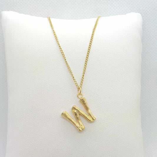 Initial W in Wood Design Pendant with Stainless Steel Chain Necklace