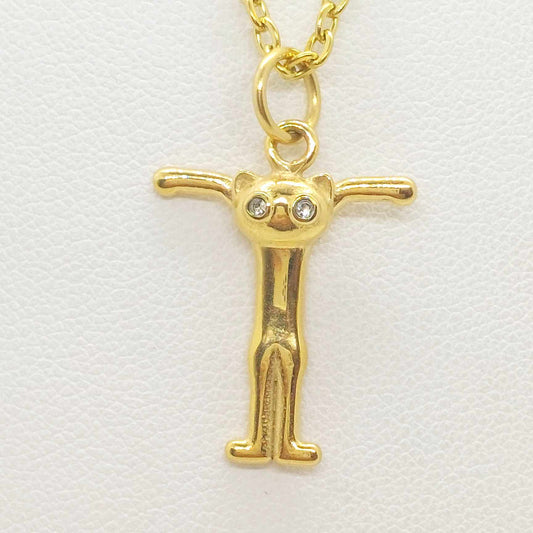 Initial T with Cute Cat Pendant with Stainless Steel Chain Necklace
