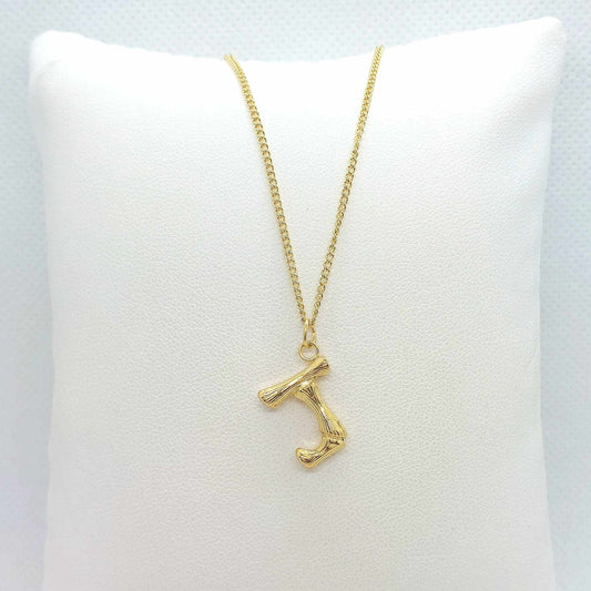 Initial J in Wood Design Pendant with Stainless Steel Chain Necklace