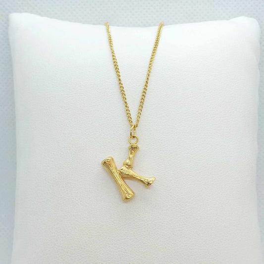 Initial K in Wood Design Pendant with Stainless Steel Chain Necklace