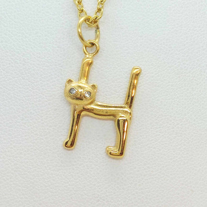 Initial T with Cute Cat Pendant with Stainless Steel Chain Necklace