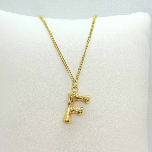 Initial F in Wood Design Pendant with Stainless Steel Chain Necklace