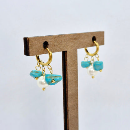 Natural Pearl and Turquoise Earrings in Gold Plated Stainless Steel
