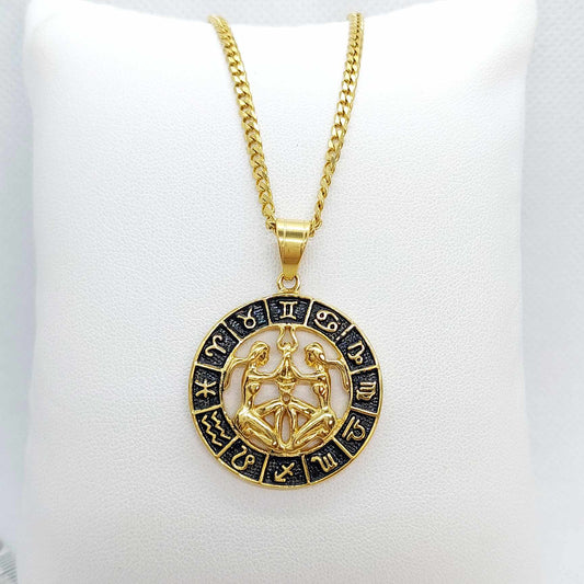 Gemini Star Sign  Pendant with Gold Plated Stainless Steel Chain Necklace