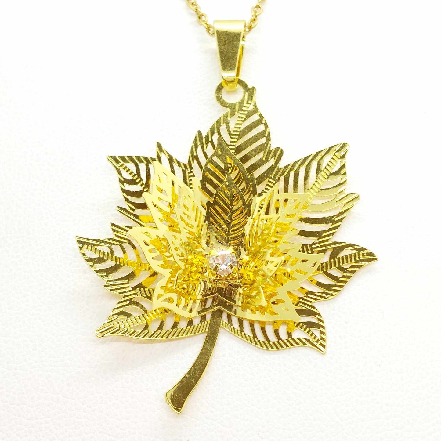 3D Maple Leaf Pendant with Stainless Steel Chain Necklace