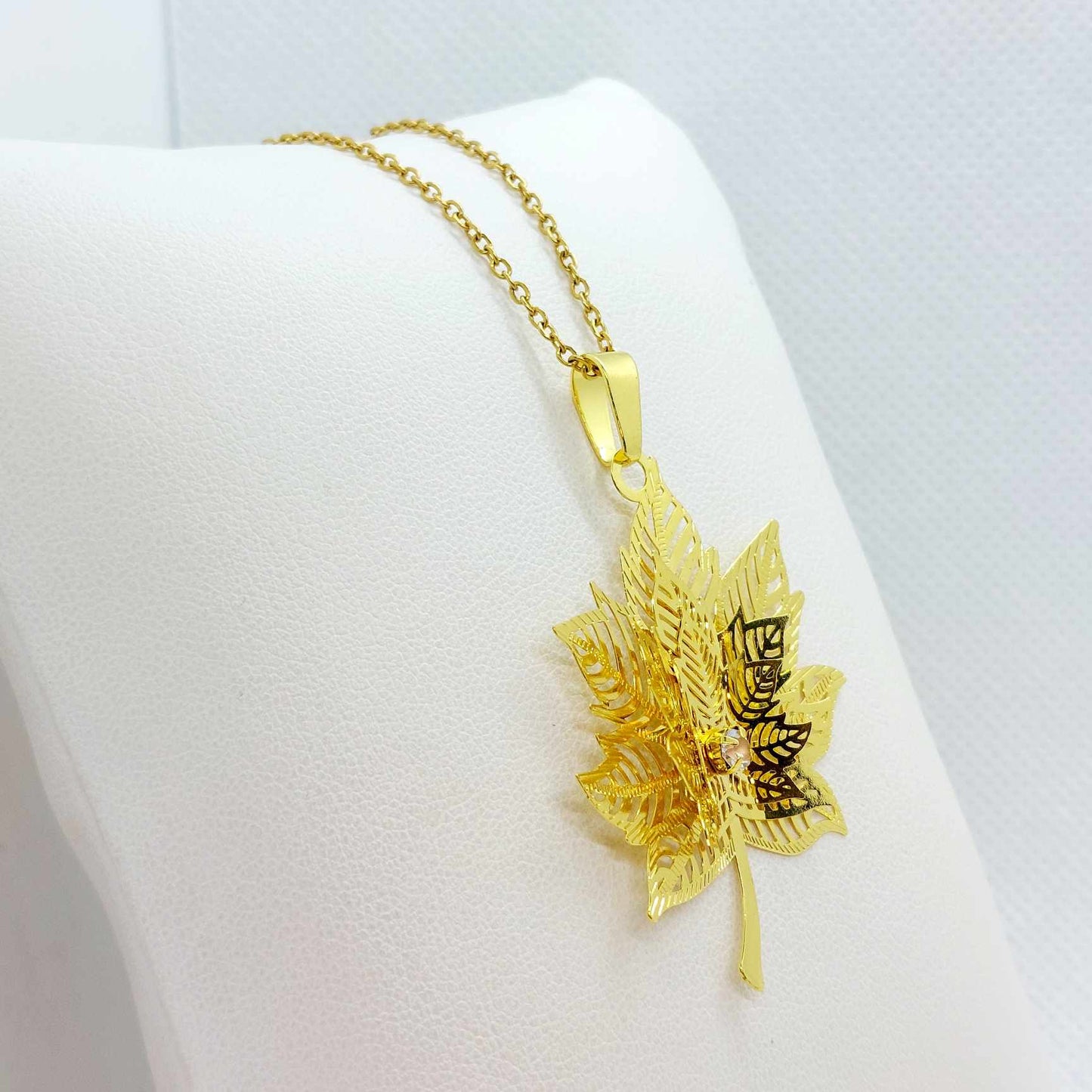 3D Maple Leaf Pendant with Stainless Steel Chain Necklace