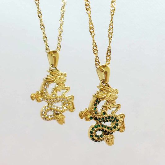 Dragon Pendant in Zircon with Stainless Steel Chain Gold Plated